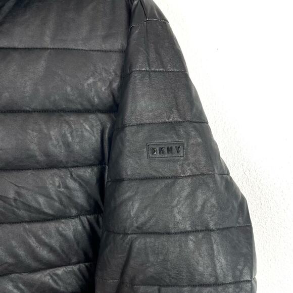 DNKY Men’s Puffer Stadium Jacket Coat Faux Leather Hoodie Winter Black Large - Picture 4 of 13